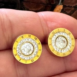 SteelTime Round Numeral Crystal Cluster Gold Tone Pierced Earrings.
